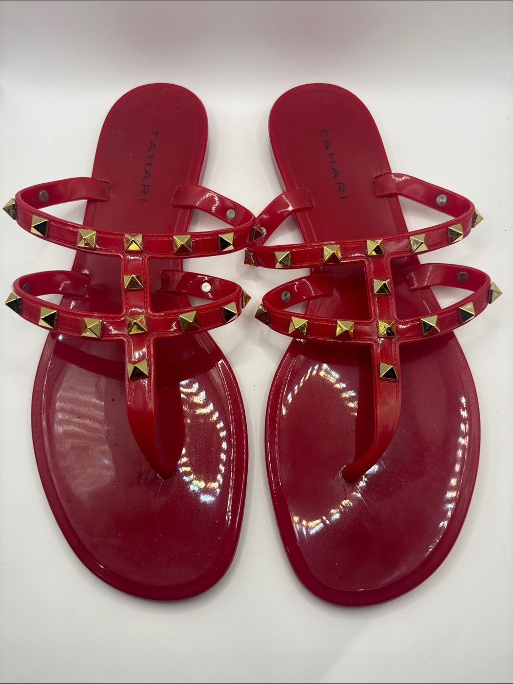 Tahari Red Jelly Thong Sandals with Gold Pyramid Studs Size 8